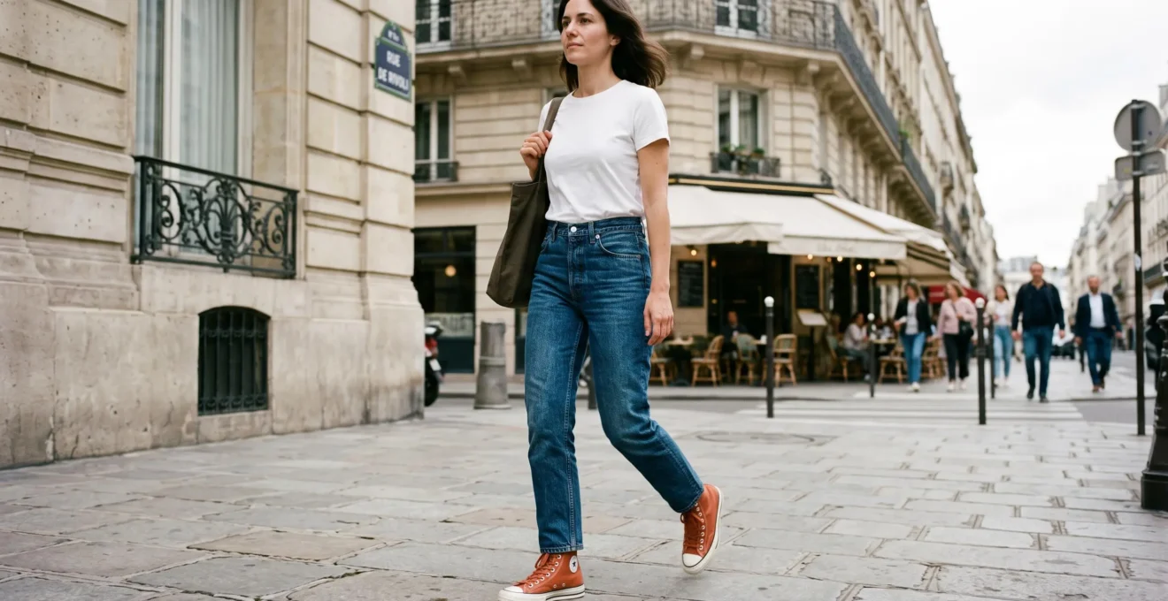 Une femme marchant sur un trottoir urbain parisien en jean brut, t-shirt blanc et baskets montantes colorées, architecture française en arrière-plan, lumière naturelle de jour.
