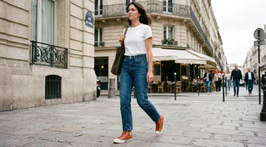 Une femme marchant sur un trottoir urbain parisien en jean brut, t-shirt blanc et baskets montantes colorées, architecture française en arrière-plan, lumière naturelle de jour.