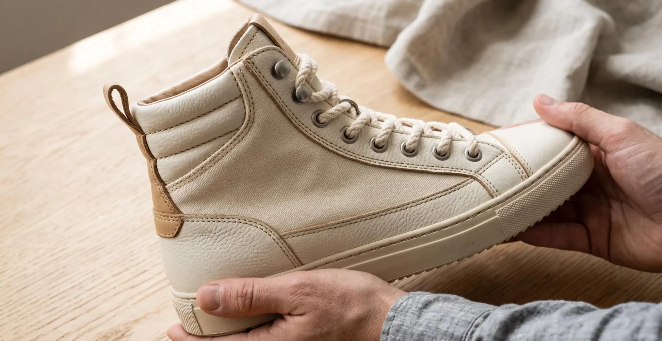 Gros plan sur une basket montante de qualité posée sur surface en bois clair, détails des surpiqûres contrastées, renfort cheville et matières texturées visibles, lumière douce latérale.