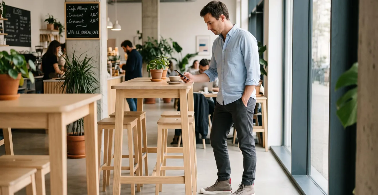 Un homme en tenue smart casual (chino, chemise et baskets montantes) debout dans un café moderne français, tenant une tasse, lumière naturelle douce.